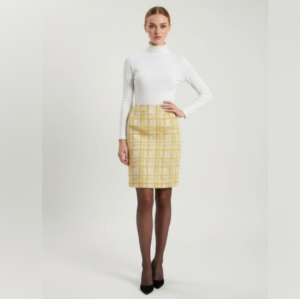 Talbots Yellow Windowpane Plaid Textured Jacquard Pencil Skirt